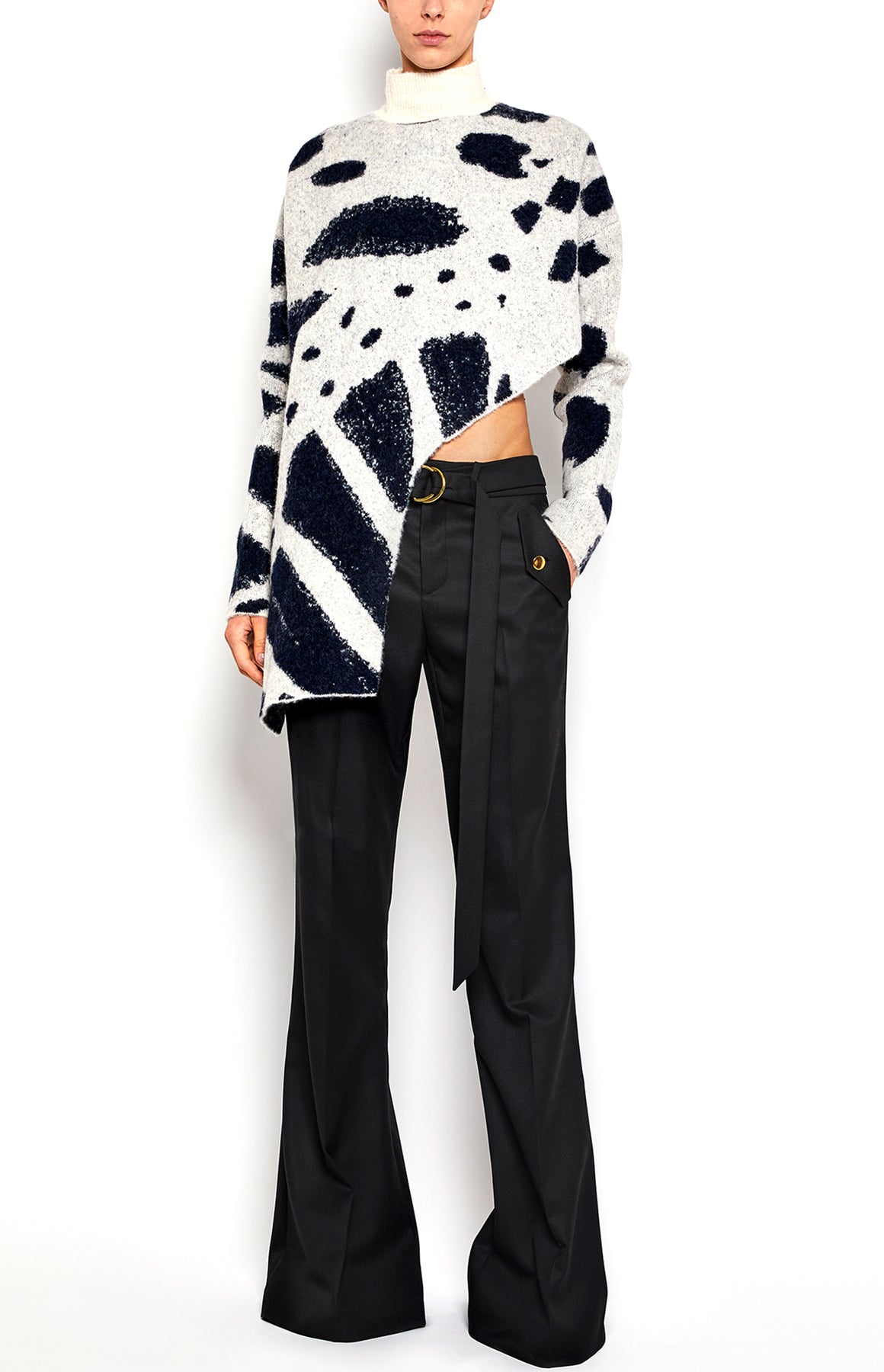 Butterfly Jacquard Cropped Asymmetric Hem Pullover Sweater